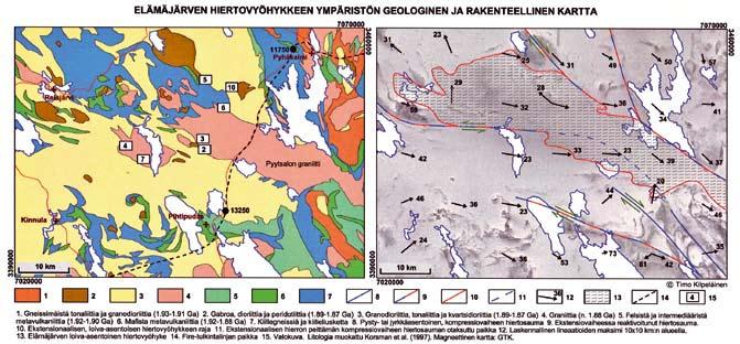 Kartta 1. Elämäjärven hiertovyöhykkeen ympäristön litologia ja rakenteet. Lineaatioita kuvaavat nuolet ovat alueellisia keskiarvoja. Tarkempi selitys tekstissä. Map 1.