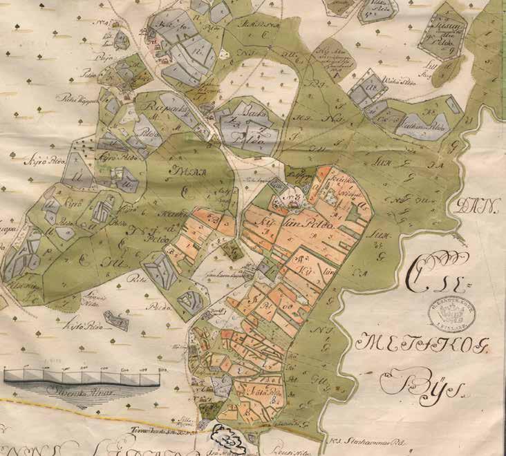 Lahelan isojakokartta vuodelta 1763 sisälsi peltomaiden jaottelun ja talojen sijoittelun kolmeen osaan jakautuneessa kylässä.