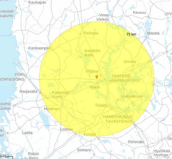50 km etäisyydellä syntyy hieman alle miljoona tonnia orgaanista ainesta vuodessa.
