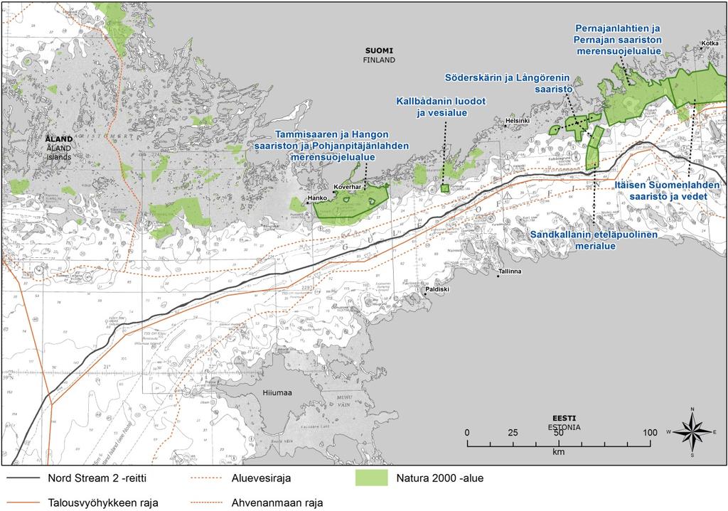 5 (lyhimmillään 12,5 km NSP2:n reitistä), Pernajanlahtien ja Pernajan saariston merensuojelualue (13,1 km), Tammisaaren ja Hangon saariston ja Pohjanpitäjänlahden merensuojelualue (17,8 km) ja