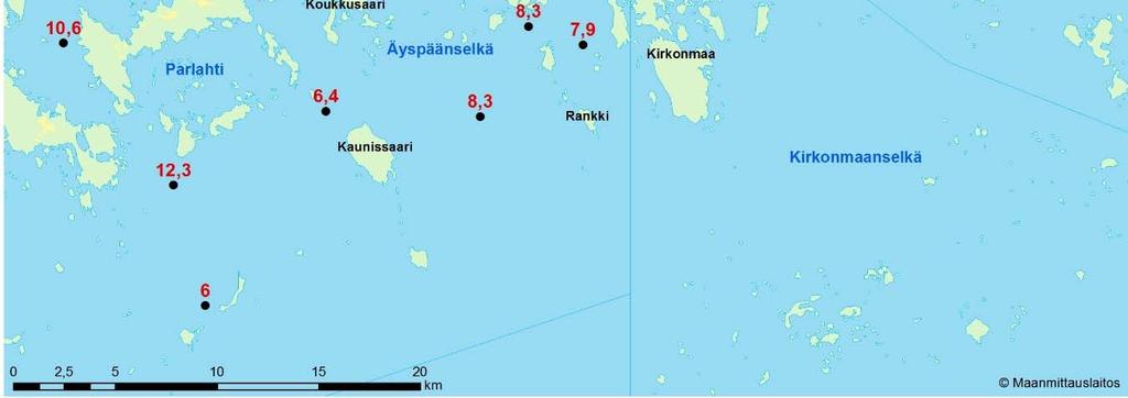 vuonna 2017. Arvo perustuu 25 aseman osalta vain yhteen havaintokertaan. Kuva 24.