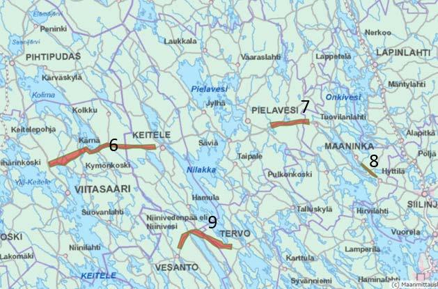 23 6. Viitasaari-Keitele välillä, tarkemmin kohtaa yksilöimättä. 7. Tuovilanlahti - Pielavesi välillä, tarkemmin kohtaa yksilöimättä.