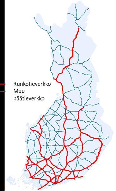 I KARTTA MAANTEIDEN RUNKOVERKOSTA Pituus (km) Pituus (%) Liikennemäärä keskimäärin (KVL) Raskaan liikenteen määrä keskimäärin (KVLRAS) Osuus pääteiden suoritteesta (%) Osuus