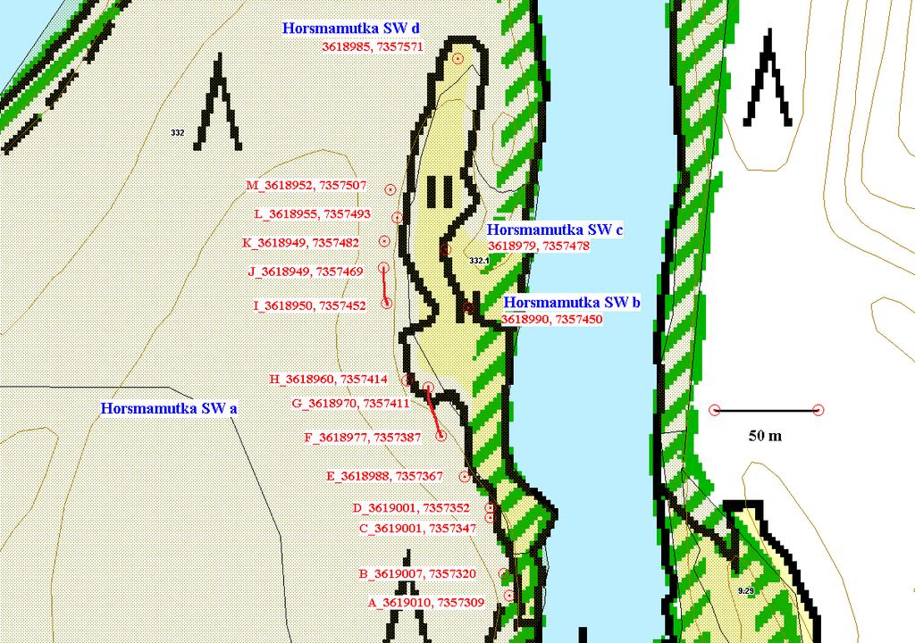(kasvustot A-M, jossa yhtenäisemmät kasvustot yhdistetty punaisella viivalla), b, c ja d (oikea