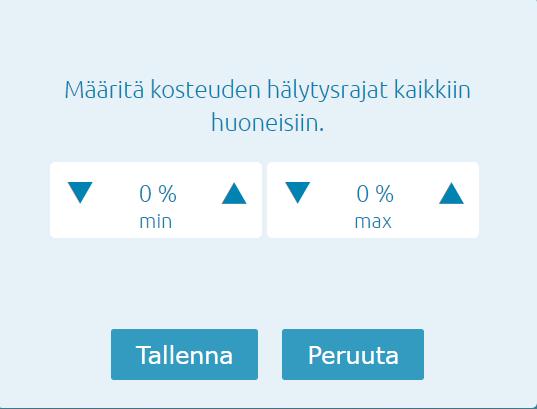 11 Kosteuden hälytysrajat Voit tästä asettaa kerralla kaikkien huoneiden osalta sekä minimi, että maksimirajan, joiden alittamisesta / ylittämisestä saat palvelusta hälytyksen.