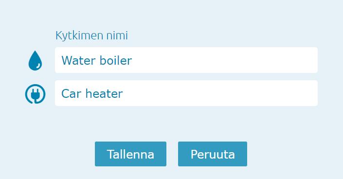 14 Kytkimet Mikäli sinulle on asennettu esimerkiksi vesivaraajan ohjaus, saattolämmityksen ohjaus tai auton lämmityksen ohjaus, pääset vaihtamaan näiden nimiä valitsemalla Kytkimet Kirjoita valikkoon