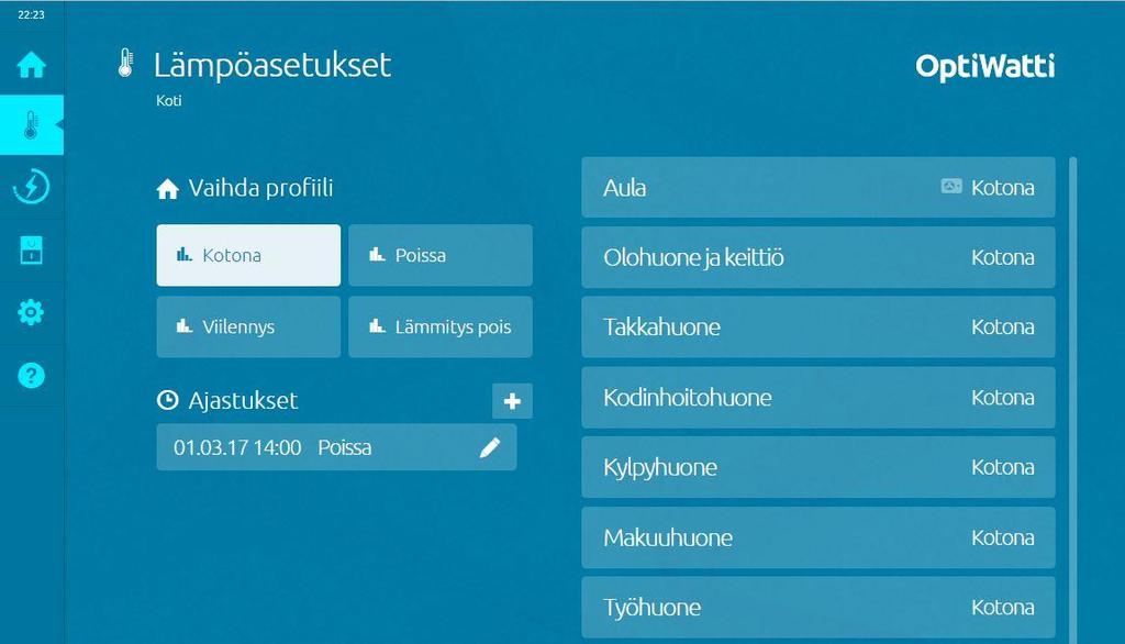 22 Lämpöasetukset Huoneiden osalta käytössäsi on neljä profiilia: Lämmitys pois -profiili katkaisee lämmityksen kokonaan pois päältä.