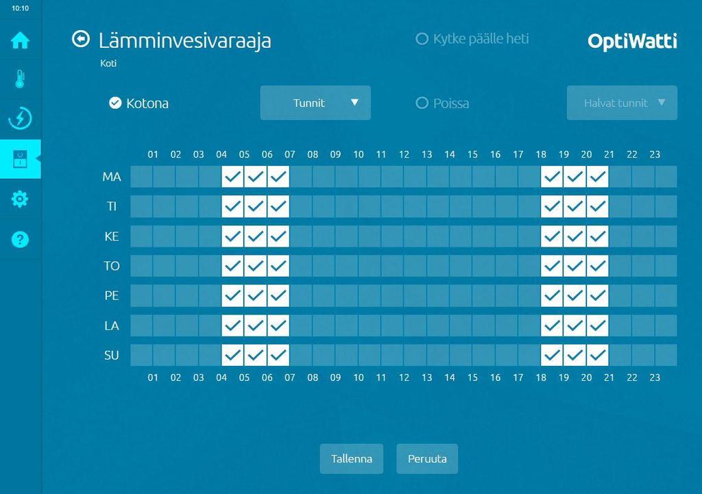 30 Lämminvesivaraaja Käytössäsi on kaksi profiilia: Kotona -profiili ottaa käyttöön sille asetetut lämpötilat ja ohjaukset. Poissa -profiili ottaa käyttöön sille asetetut lämpötilat ja ohjaukset.