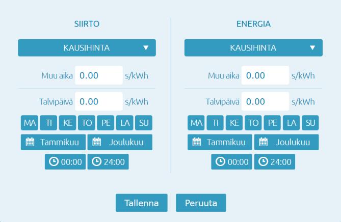8 Kausisähkö Mikäli käytössäsi on kausisähkö, tee seuraavasti: 1. Syötä ensin perushinta, ts. se hinta jota käytetään muuna kuin talviaikana. 2. Tämän jälkeen syötä talvipäivän energian hinta 3.