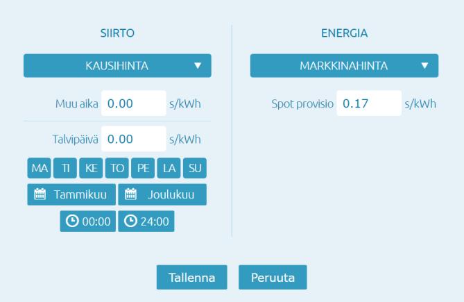 Lopuksi valitse ne tunnit jolloin talvihinta on voimassa niinä kuukausina, jolloin se on voimassa - Jos se on voimassa kaikkina tunteina, valitse 00-24, kuten esimerkissä.