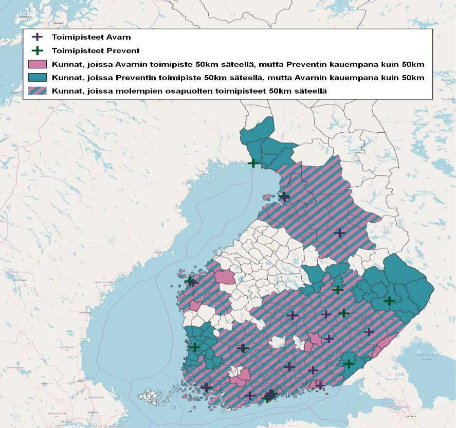 53 (103) Kartta 1: Osapuolten toimipaikkojen päällekkäisyys 201. Kartassa 2 on esitettynä Securitaksen toimipaikat sekä kunnat, jotka sijaitsevat osapuolten vaikutusalueella. 202.