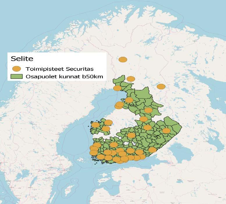 54 (103) Kartta 2: Securitaksen toimipaikat 203. Virasto on lisäksi tarkastellut osapuolten muiden suurimpien kilpailijoiden toimipaikkaverkostoja.