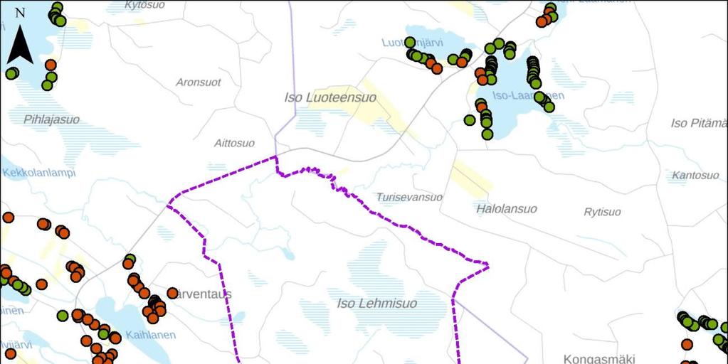 6 YMPÄRISTÖN NYKYTILA 6.1 Yhdyskuntarakenne ja maankäyttö 6.1.1 Asutus ja alueen muut toiminnot Turkkiselän hankealue sijaitsee Vaalan kuntakeskuksesta noin 20 kilometriä itään.
