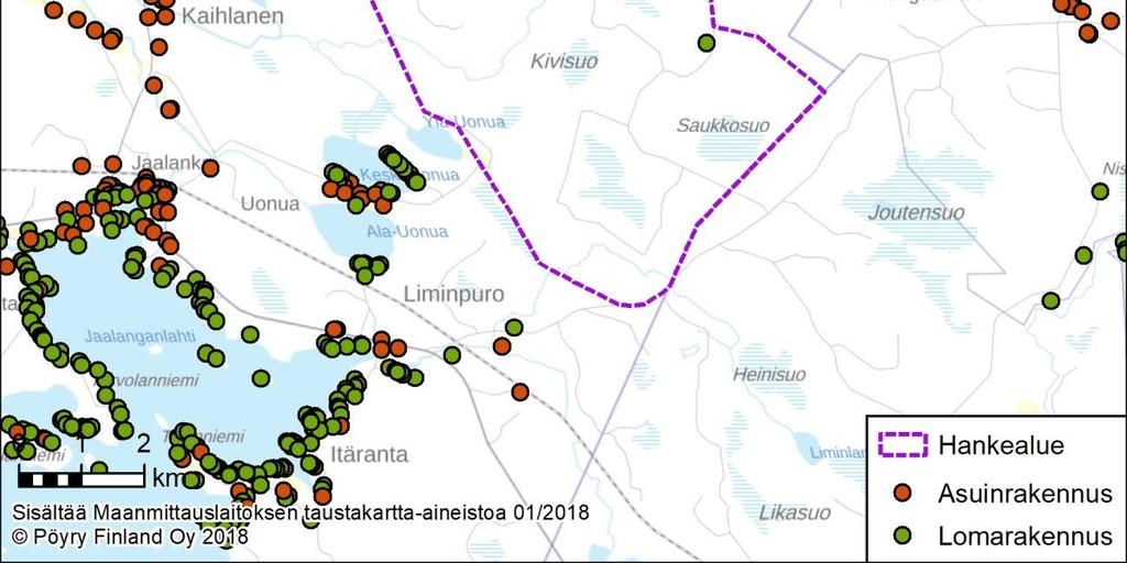 Hankealueella sijaitsee metsästysmaja, joka on suunniteltu siirrettäväksi pois. Alueen lähiympäristössä ei ole asuin- tai lomarakentamista.