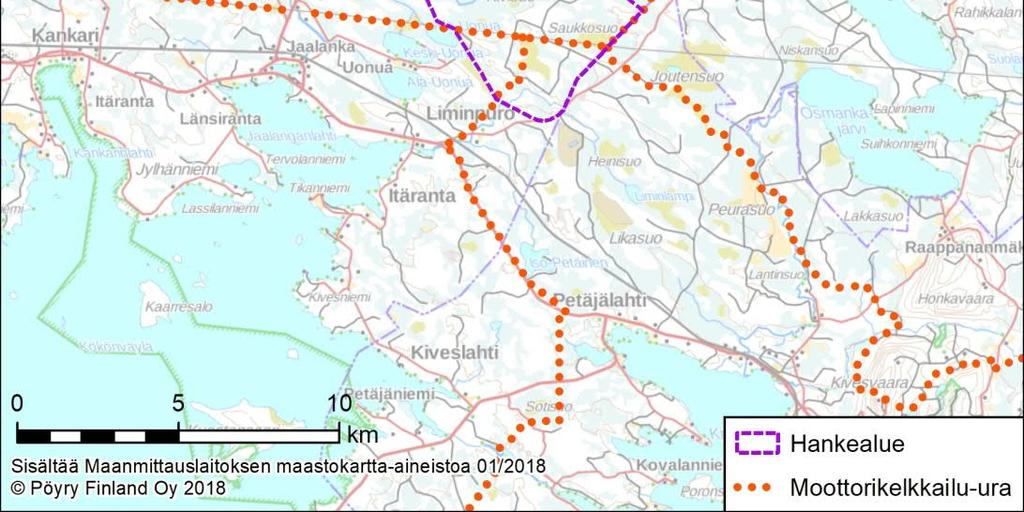 Tiedot alueen nykyisestä virkistyskäytöstä tarkentuvat vaikutusten arvioinnin edetessä. Kuva 6-2. Moottorikelkkaurat hankealueella (Metsähallitus; Retkikartta.fi). 6.1.
