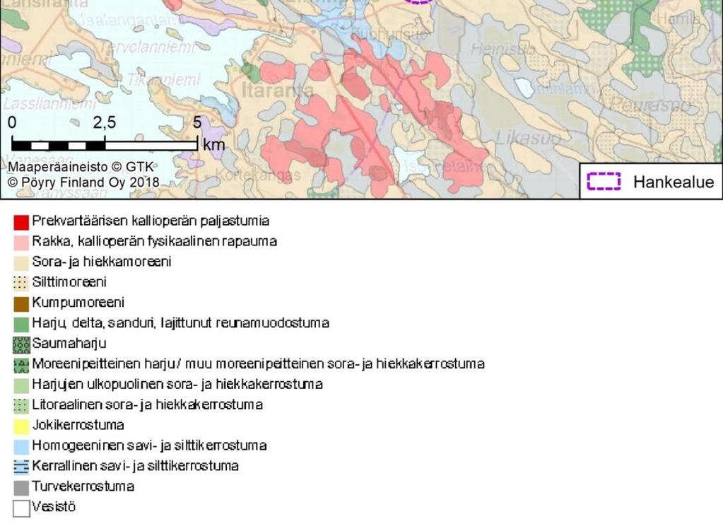 Pintamaassa tavataan eri paksuisia turvekerroksia (Kuva 6-12, GTK Maankamara 2018).