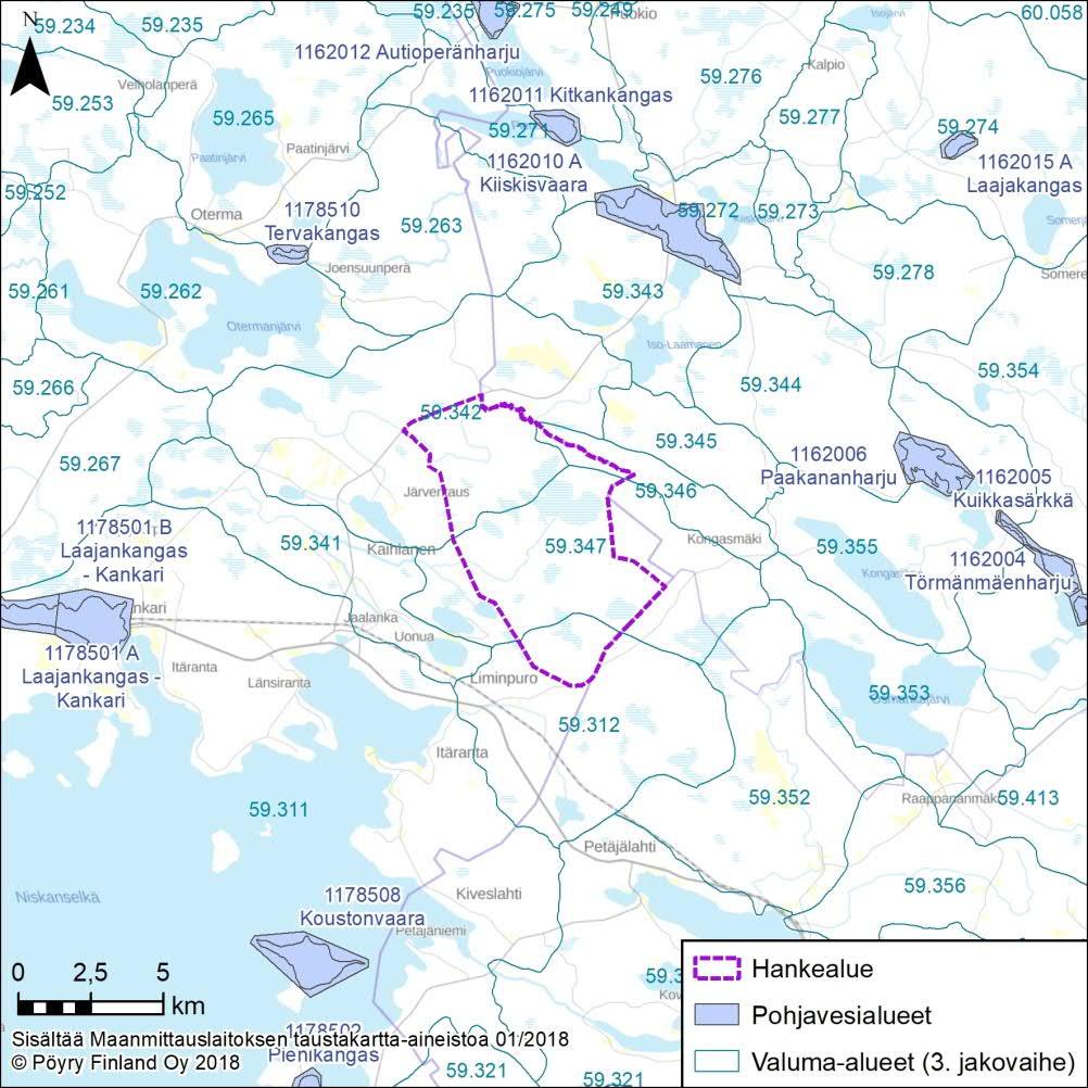 Kuva 6-14. Hankealueen sijainti 3. jakovaiheen valuma-alueella ja lähimmät pohjavesialueet. 6.5 Ilmasto Vallitseva tuulensuunta Turkkiselän alueella on lounaasta.