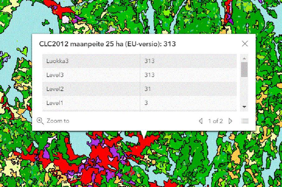 Aineistojen lähdetiedot näytetään kartan alapuolella olevalla rivillä.