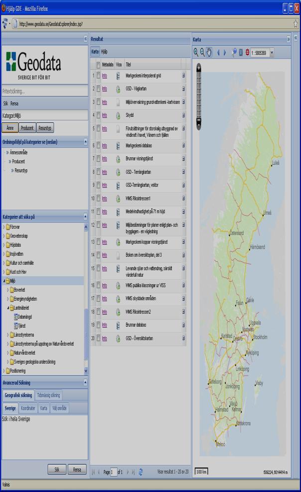 65 6.4.3 Ruotsin metatietopalvelu Geodata.se Ruotsin metatietopalvelun (Geodata.se, 2010) käyttöliittymä eroaa eniten muiden maiden metatietopalvelujen käyttöliittymistä.