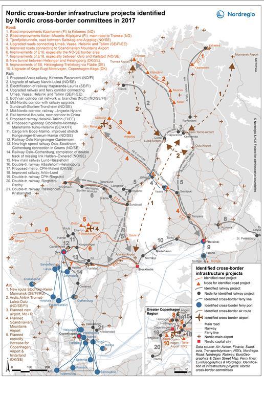 Yhdeksän Pohjolan rajakomitean kartta tunnistetuista rajat ylittävistä liikenneväylistä lautta-, lento-, maantie-, raideyhteydet (Nordregio 2017)