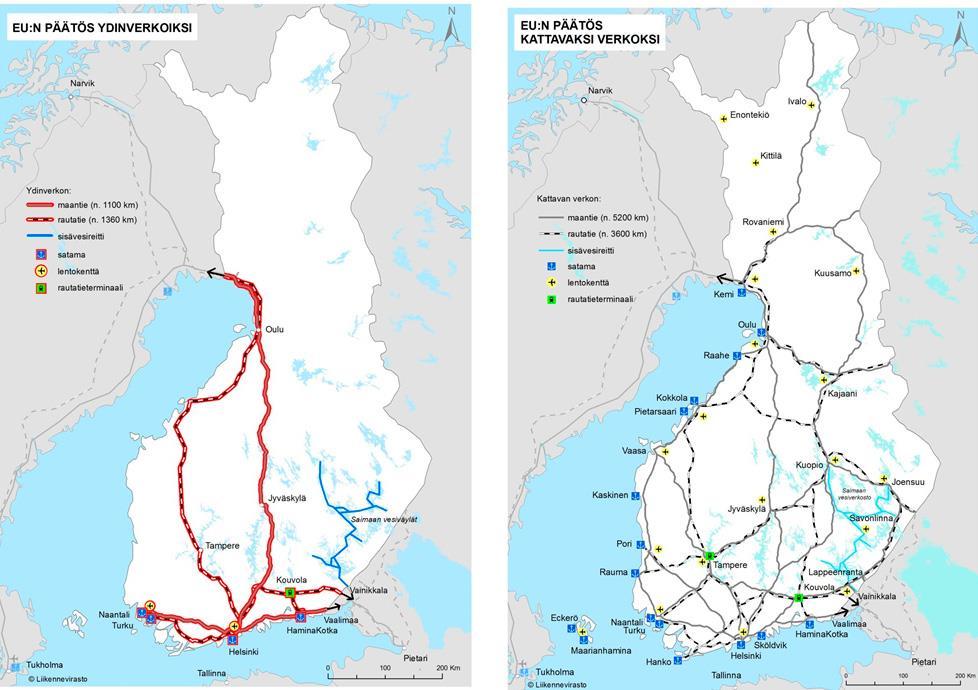 TEN-T ydinverkko ja kattava verkko Suomessa Saimaan syväväylä kuuluu TEN-Tydinverkkoon, muttei ole minkään liikennekäytävän osa Kattavaan verkkoon, joka on EU:n