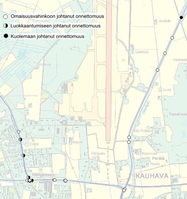 Kuva 8. Liikennennettmuudet suunnittelualueeseen liittyvillä teillä (Tierekisteri 2015, MML 2015) Suurin nnettmuuskasauma (yht. 6 nnettmuutta) n Läntisen Yhdystien ja Mäenpääntien liittymässä.