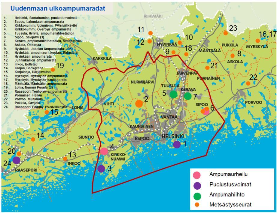 9 Alla olevaan karttaan on koottu tietoa tämän hetkisestä ampumaratatilanteesta Uudenmaan alueella. Suurin osa ampumaradoista palvelee metsästysseurojen jäseniä. Metropolialue on rajattu punaisella.
