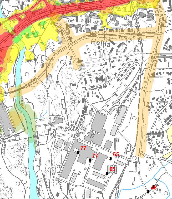 2.2.2015 10 (13) 2.4 Rata 2.5 Kooste Melutaso ylittää yöajan ohjearvon 50 db läheisillä Popinniemen ja Sunilan asuinalueilla. Yöajan yli 50 db melualueen koko on 218 ha.