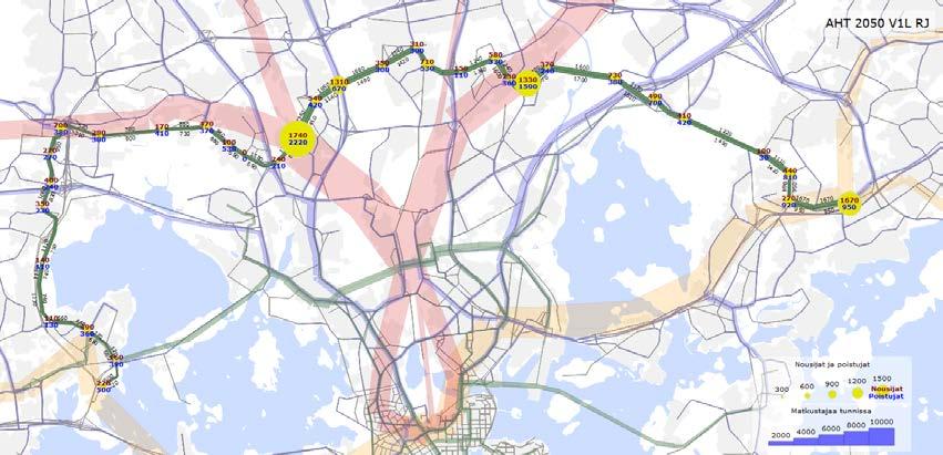 Kapasiteetin riittävyys: tehdyt ennusteet Suurin käytettävissä oleva ennuste on hankesuunnitelmavaiheen ennuste vuodelle 2050 Helsingin yleiskaavan valmisteluvaiheen maankäyttötiedoilla sisältäen