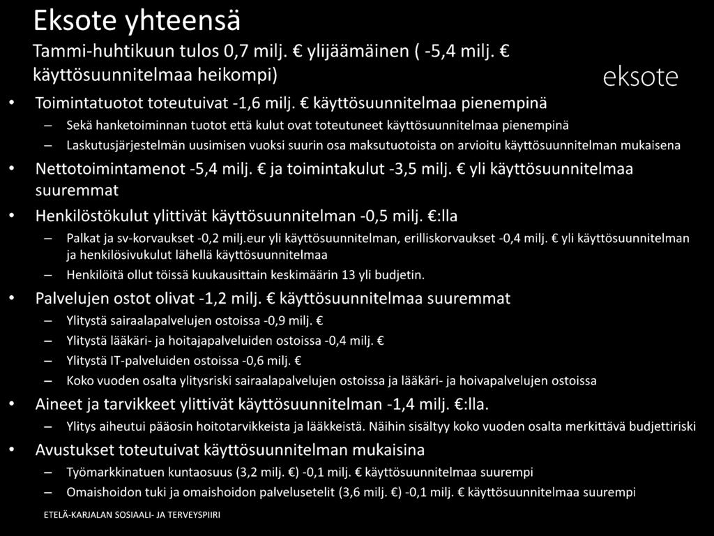 arvioitu käyttösuunnitelman mukaisena Nettotoimintamenot -5,4 milj. ja toimintakulut -3,5 milj. yli käyttösuunnitelmaa suuremmat Henkilöstökulut ylittivät käyttösuunnitelman -0,5 milj.