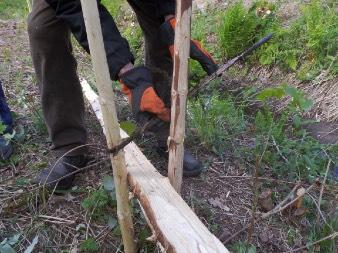 Ensimmäinen riuku laskettiin tämän sidotun karahkan varaan keihäsparin keskelle siten, että puun paksumpi tyvipää tuli ylöspäin ja latvaosa lepäsi maassa.