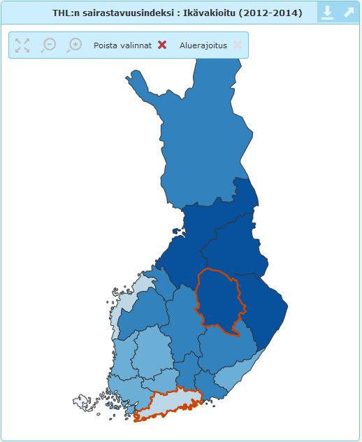 Kartta Väritys: Kartan alueiden väritys määräytyy osoittimen arvojen sekä valitun luokittelun ja väripaletin perusteella. Valitse alue: Klikkaa haluttua aluetta.