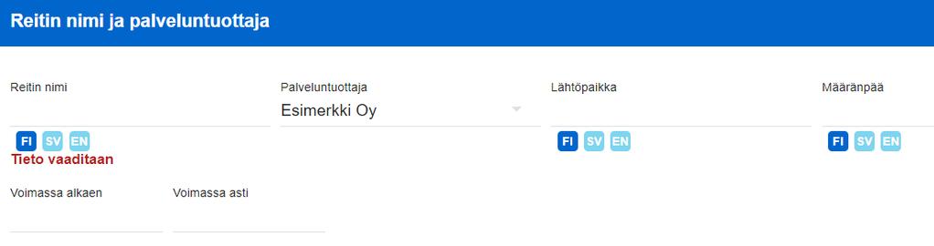 Ohje 4 (14) 2.2.1 Reitin perustietojen täyttäminen Reitin nimi: Anna reitille nimi, esimerkiksi Tampere Virrat. Lähtöpaikka: Kirjoita reitin lähtöpaikka, esim.