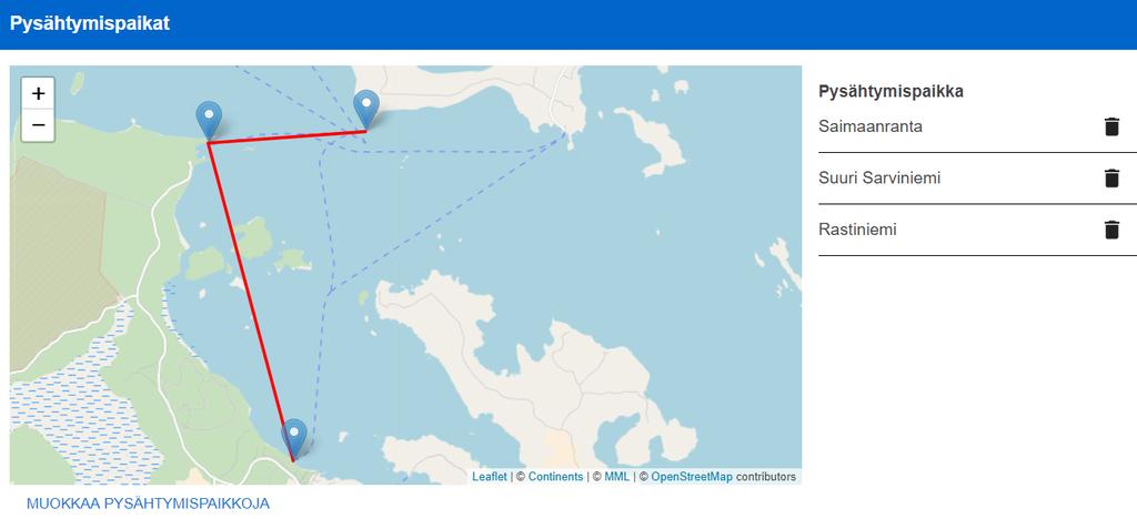 Ohje 5 (14) -symbolilla merkittyjä satamia/laitu- Saat valittua reitille pysähtymispaikat klikkaamalla kartalla reita.