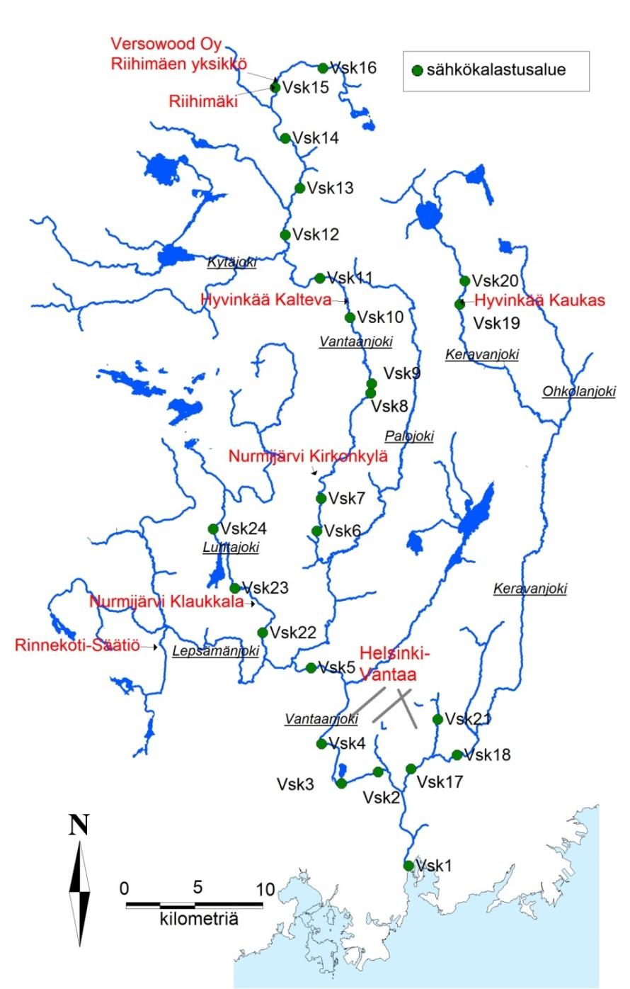 Kuva 4. Vantaanjoen vesistön sähkökalastusalueiden sekä pistekuormittajien sijainnit. 6.