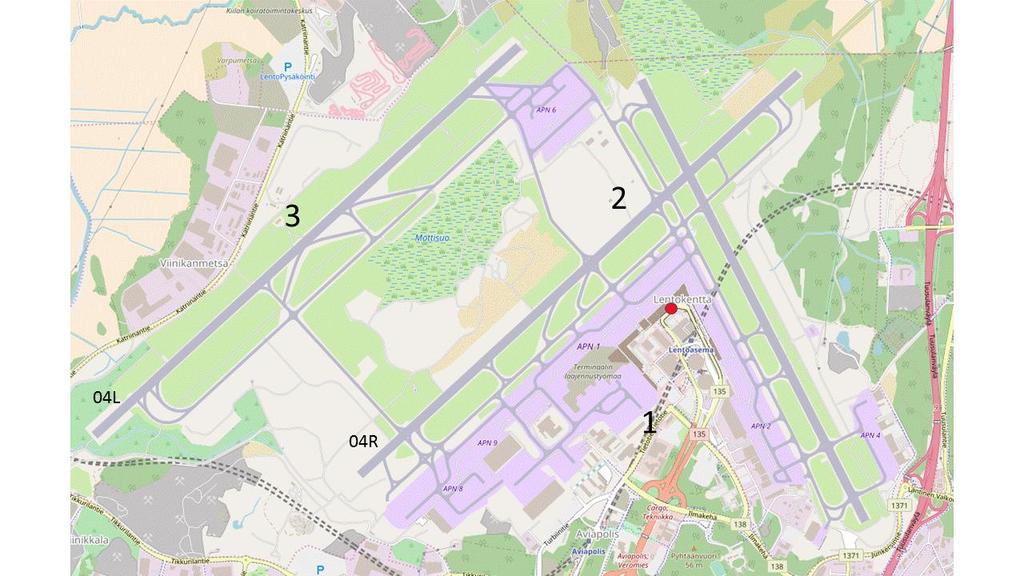 Kuva 3. Numerot 1-3 osoittavat lentoaseman pelastusasemien sijainnin ja punainen piste BER8070 sijainnin portilla 29.