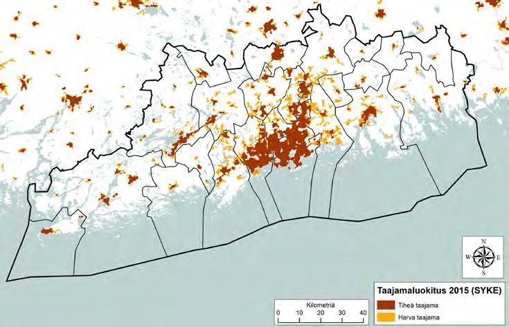 Karttatarkastelun pohjana on käytetty Suomen ympäristökeskuksen (SYKE) aineistoja, joissa taajamat on jaoteltu tiheään (aluetehokkuus yli 0,02) ja harvaan (aluetehokkuus alle 0,02) taajamaan.