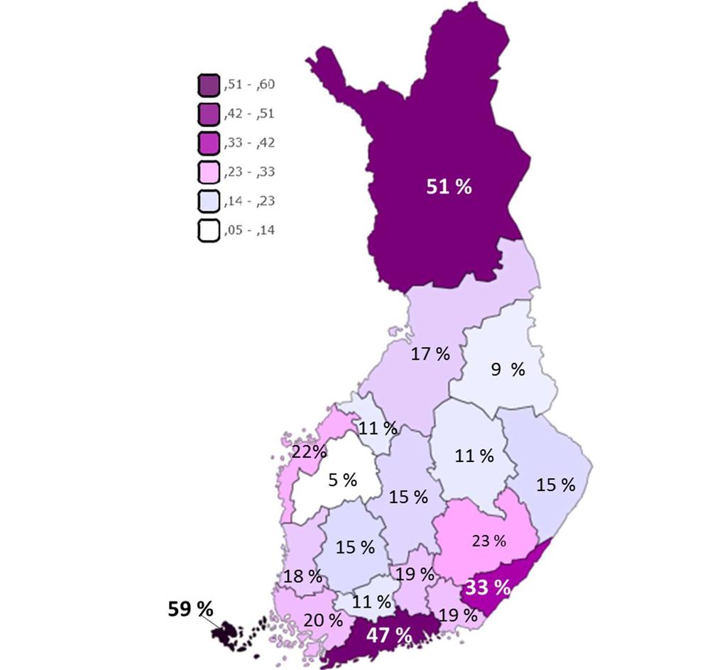 Ulkomaisten yöpymisten osuus (%) maakunnissa vuonna 2017 Kukin maakunta = 100 % Koko Suomessa kirjattiin yhteensä 6,7 miljoonaa ulkomaista yöpymistä vuonna 2017 Satakunta Keski-Pohjanmaa