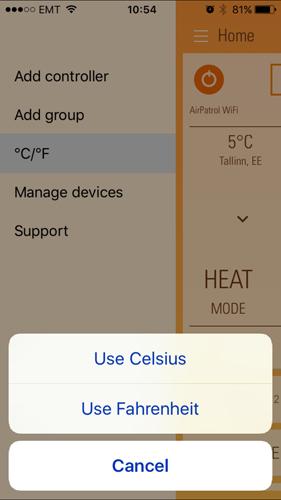 Celsius / Fahrenheit Lämpötila-asteikon vaihtaminen Voit vaihtaa lämpötila-asteikon