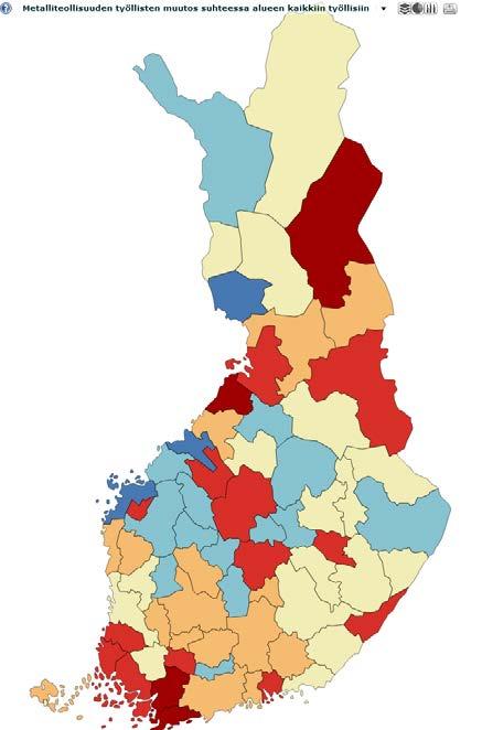 Metalliteollisuuden työpaikkojen menetystä kompensoi joillakin alueilla muiden toimialojen vahvistuminen Työllisten muutos 2000-2013 Työllisyyden muutos Alueen työllisten muutos, % Joillain alueilla