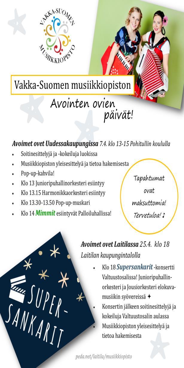 00 Laitila, Kaupungintalon valtuustosali, Keskuskatu 30 Vakka-opisto tiedottaa Kevätnäyttely Ihoden koululla sunnuntaina 15.4. klo 11-15 TERVETULOA! Pystytys lauantaina 14.4. klo 10 alkaen.
