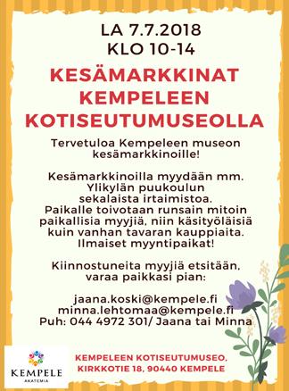 6. klo 10 16 Vanhan ajan viikko. Vanhan ajan viikolla museo herää henkiin asukkaineen, eläimineen ja tapahtumineen. Tervetuloa elämään hetki kuin ennen vanhaan! 14.6. klo 18 Museoklubi: Tiina Vaattovaara 22.
