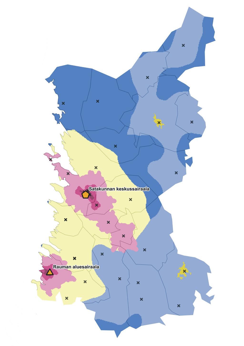 Kuvio 2 Satakunnan maakunnan terveydenhuollon palveluverkko ja kaupunki maaseutu-luokitus (SYKE) Kaupunki maaseutu luokitus Sisempi kaupunkialue Ulompi kaupunkialue Kaupungin kehysalue Maaseudun
