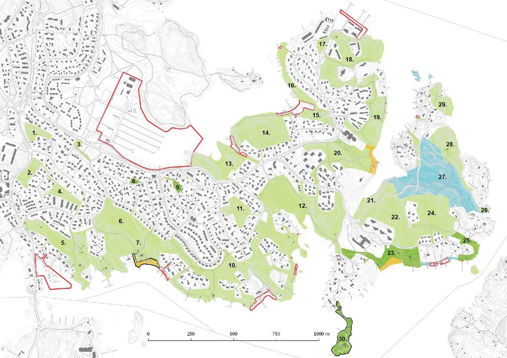 Aineistot: Yleisten alueiden rekisteri 2018 Kuva: Asemakaavoitetut viher- ja virkistysalueet. 9. VIHER- JA VIRKISTYSALUEET Suunnittelualueella sijaitsee 30 viheraluetta.