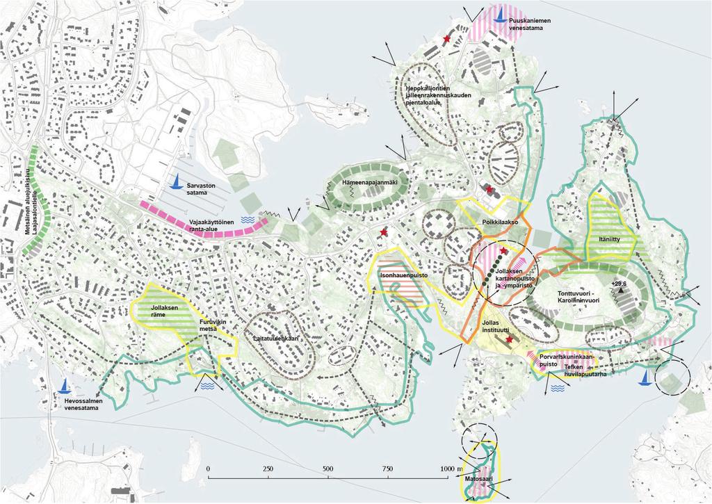 Kuva: Kaupunkikuva- ja maisema-analyysi. 10. KAUPUNKI- JA MAISEMAKUVA Suunnittelualueen kaupunkikuvassa korostuvat vehreys ja rakentamisen monimuotoisuus.