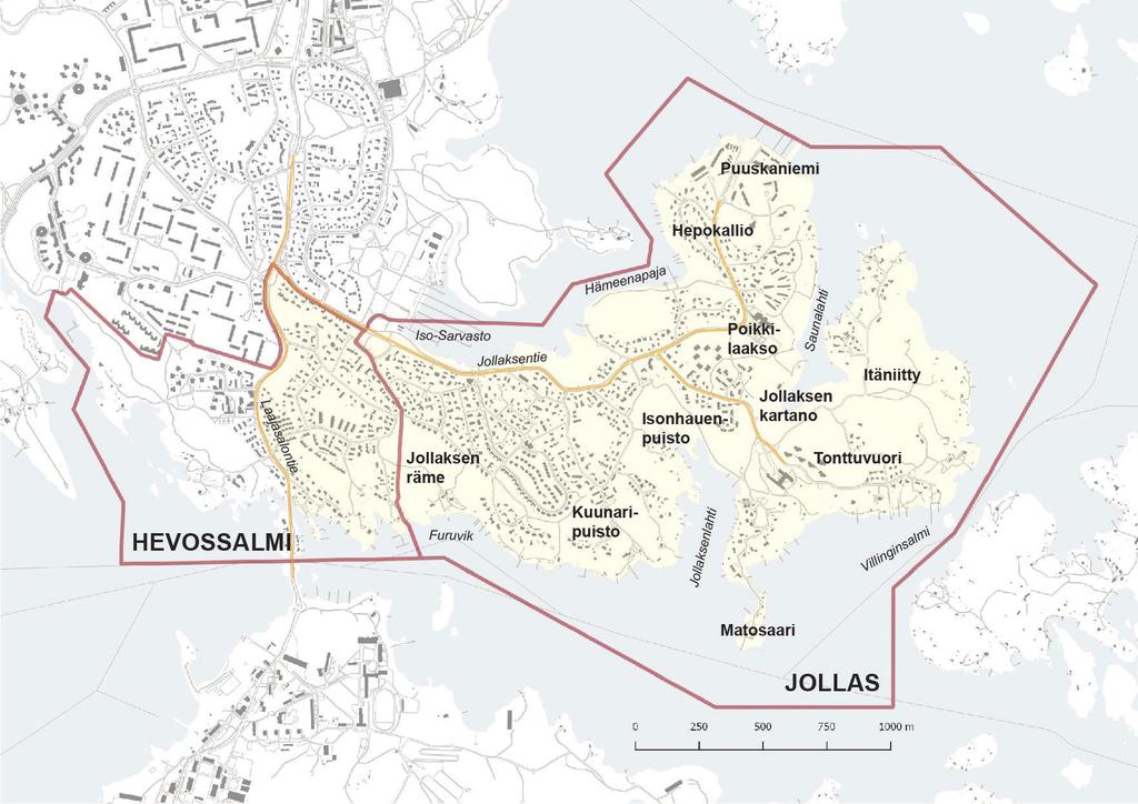 Kuva: Suunnitteluperiaatteet laaditaan koko Jollaksen alueelle ja Hevossalmen Laajasalontien itäpuoliselle alueelle (kuvassa vaaleankeltainen alue). 2.