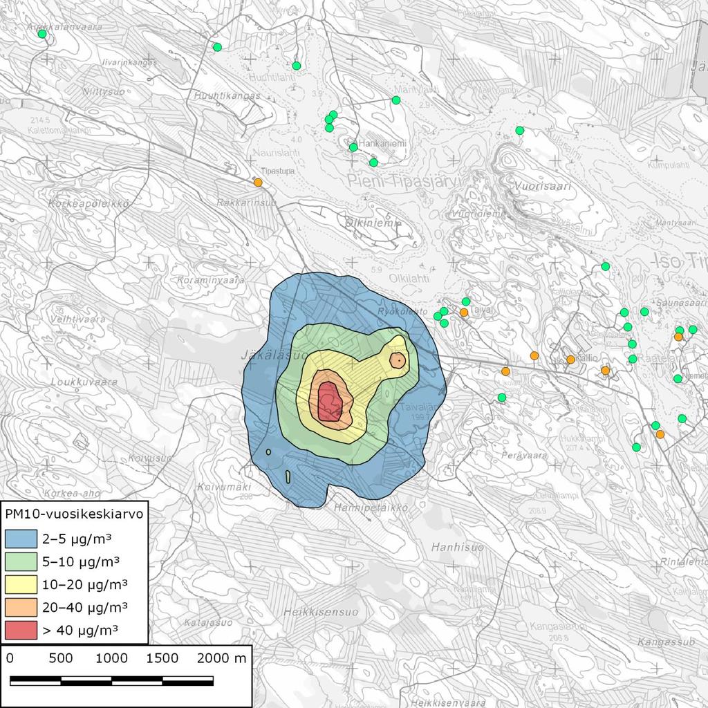 Kuva 7. PM10-vuosikeskiarvo mallinnuksen mukaan, VE1.