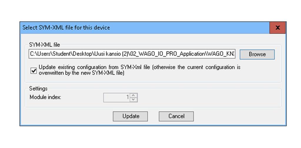 66 Liite 1/15 Browse näppäimellä etsi SYM-XML file samasta kansiosta mihin tallensit Codesys tiedoston Update.