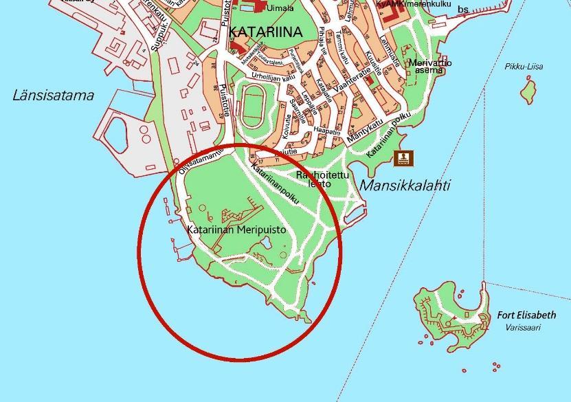1. SUUNNITTELUALUE Suunnittelualue sijaitsee 5. Katariinan kaupunginosassa, Kotkansaaren lounaiskärjessä. Puistotie sekä Öljysatamantie johtavat puistona ja virkistysalueena toimivalle alueelle.