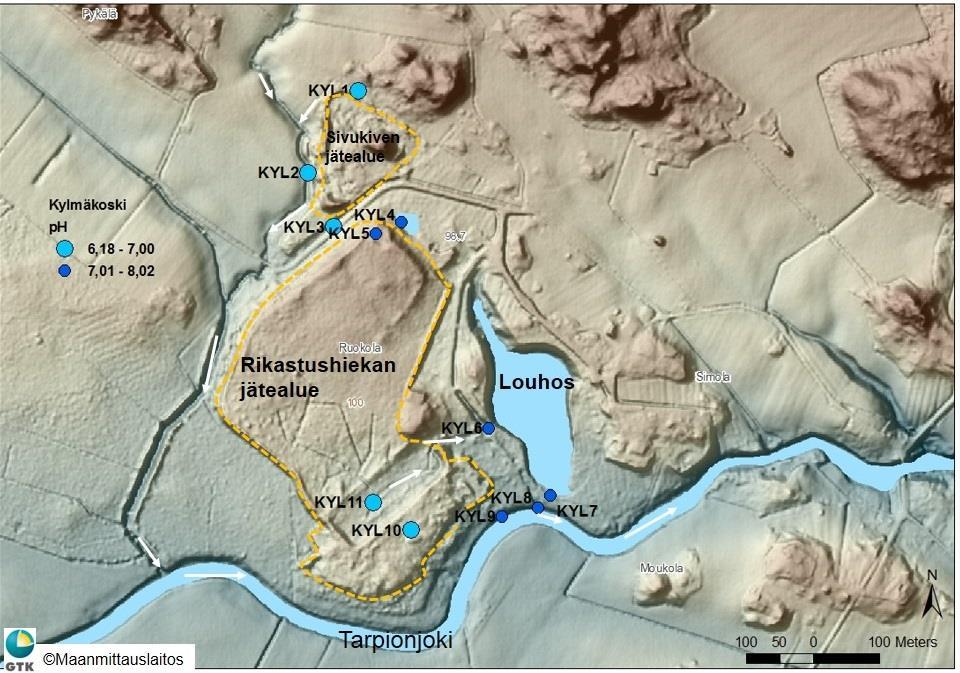 Esimerkkikohde: Kylmäkoski (Ni-Cu) Kaivos toimi 1971-74 Louhosveden ylivuoto: SO 4